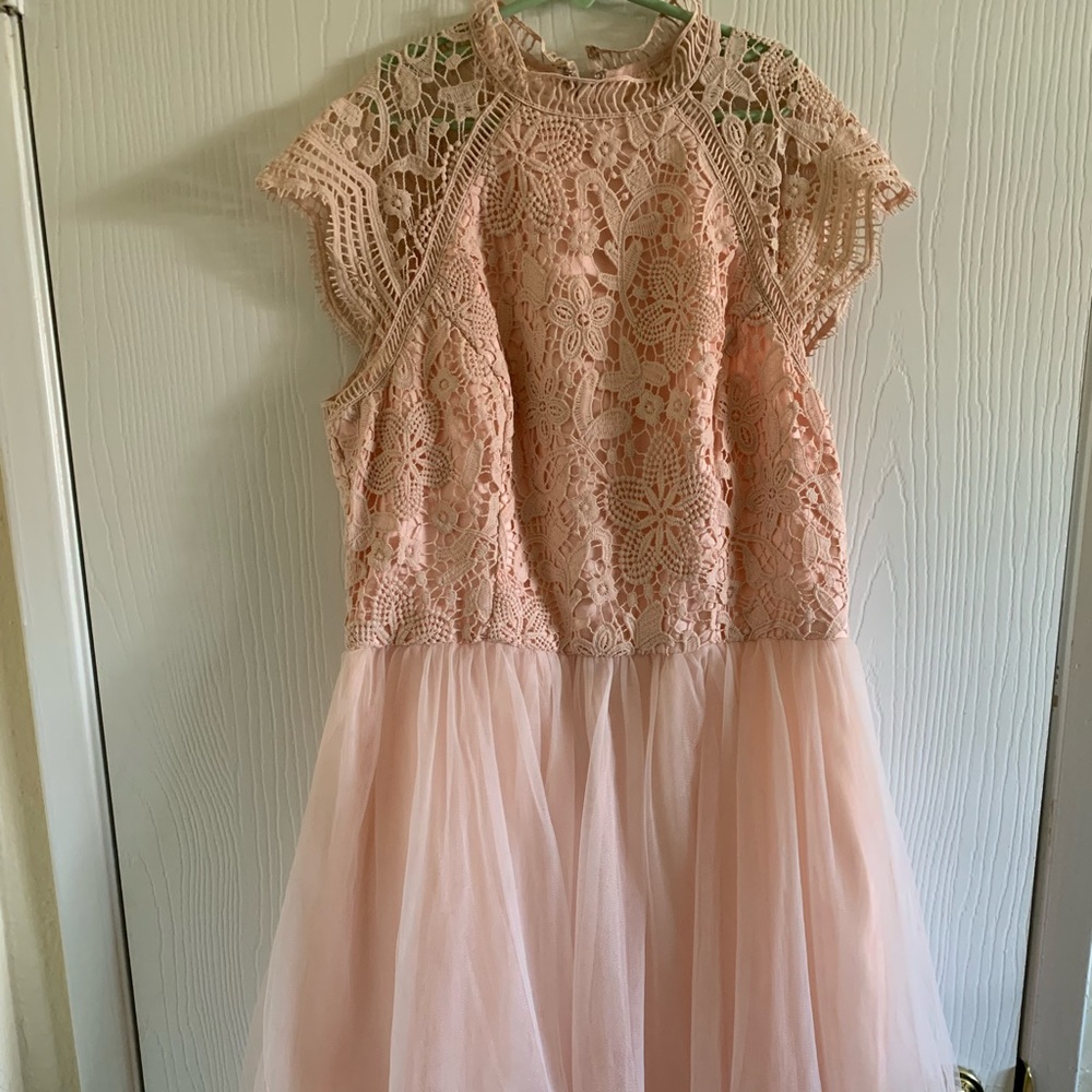 Chi Chi London crochet top blush dress.